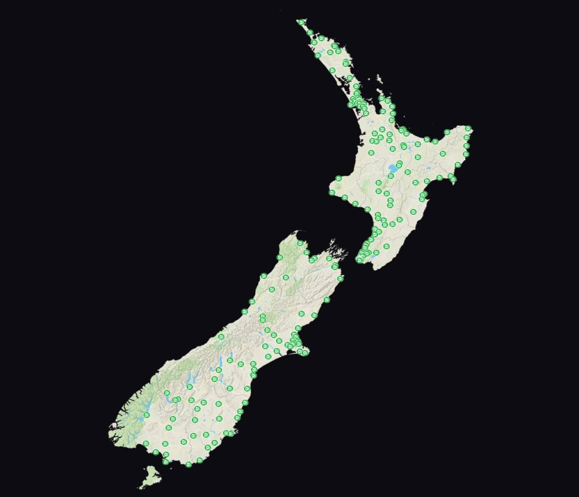 Map of New Zealand showing TESTntel's nationwide service coverage.