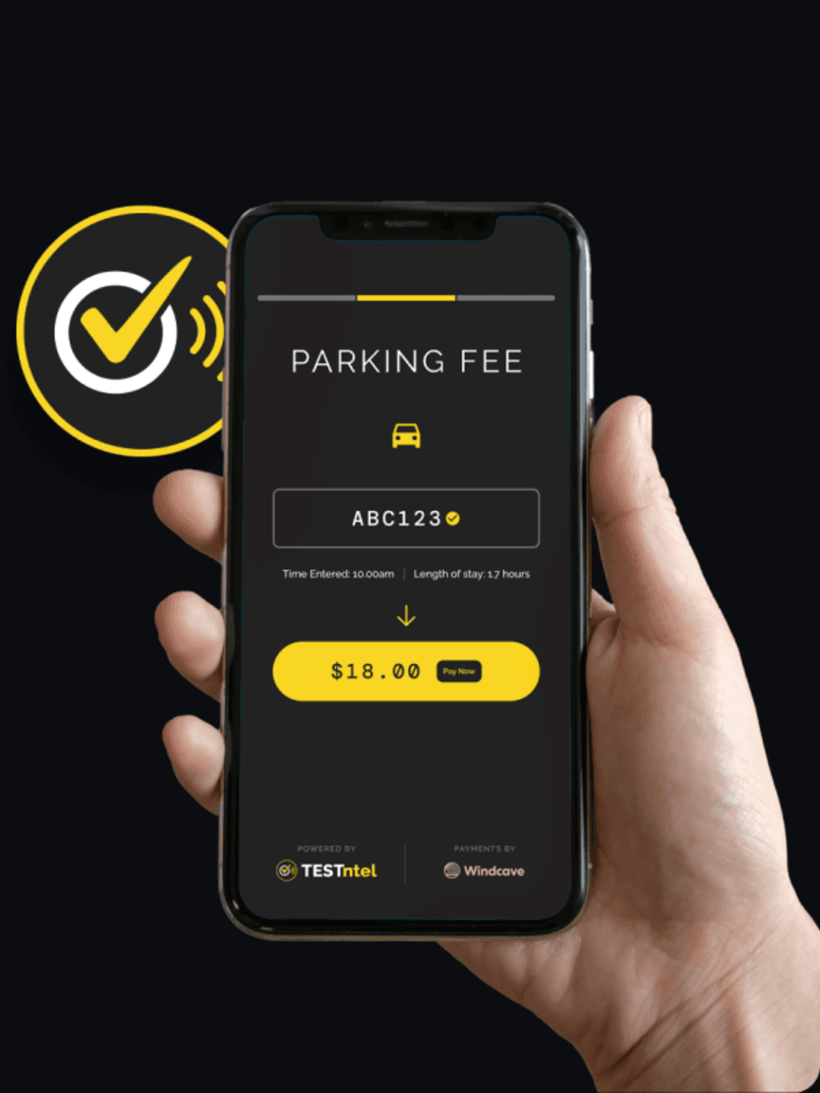 The TESTntel Parking app showing a ticketless parking fee payment screen powered by Windcave.